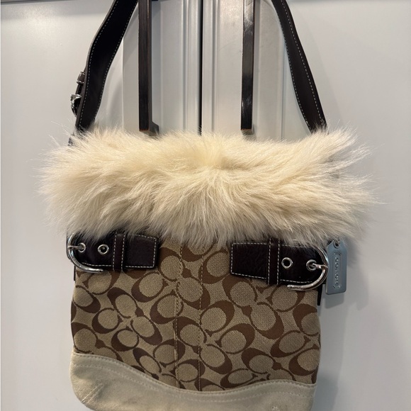 Coach Brown and Cream Crossbody Bag with Fur Trim - Picture 1 of 11